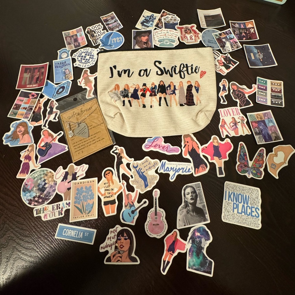 Taylor Swift Merch Gift Bundle 50 Stickers, Make Up Bag and Guitar Pick Necklace